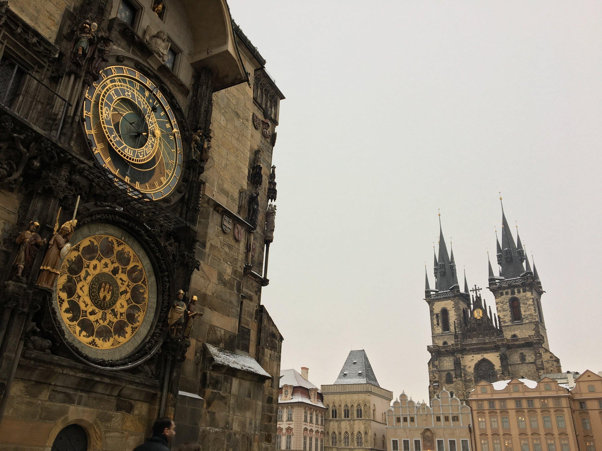 Astronomical Clock and Church of Our Lady before Tyn in Old Town Square, Prague