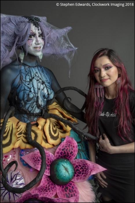 Rhyana in a scary forest-themed outfit with designer Tawna Lee.